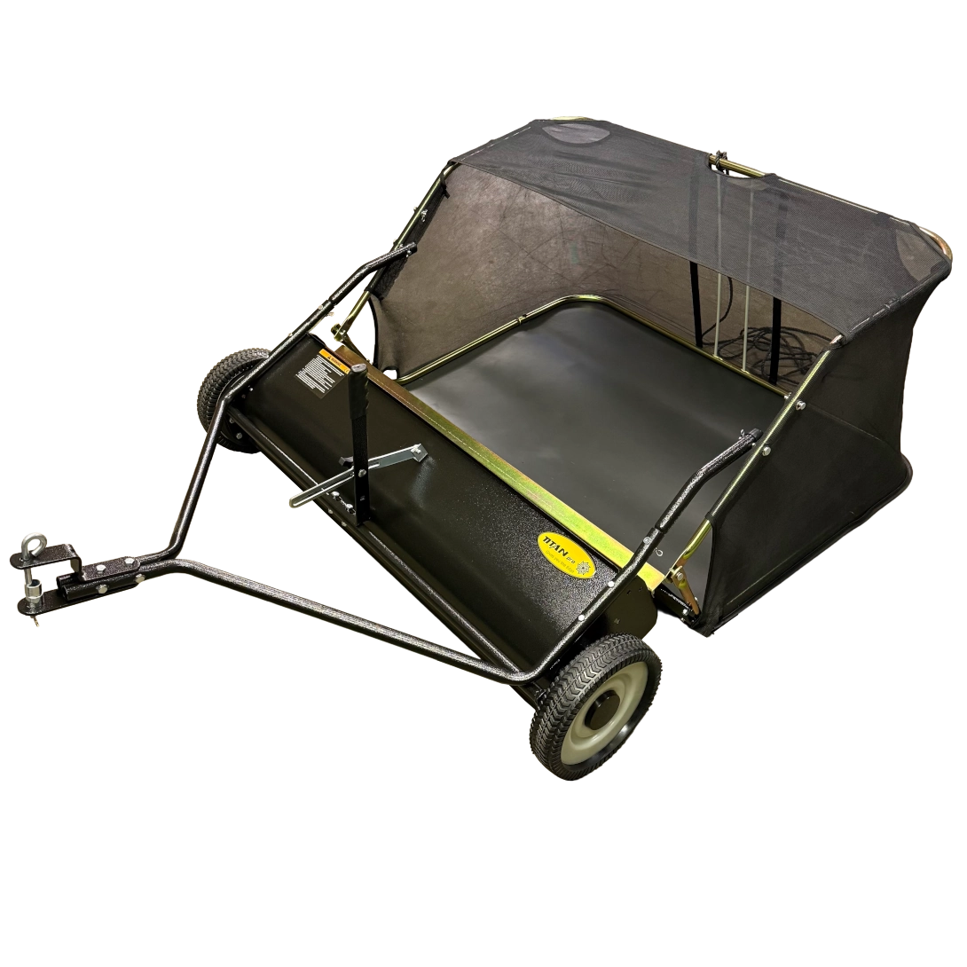 Order a Enhance your lawn maintenance with the Titan Pro Towable Lawn Sweeper, designed for effortless collection of leaves, twigs, grass clippings, and other debris. This durable and lightweight sweeper attaches seamlessly to your ride-on lawnmower or ATV, utilising an economical friction drive system powered by the rotation of its rubber wheels.